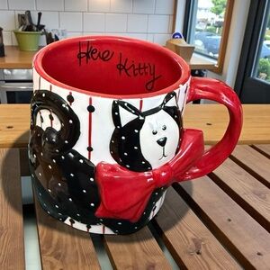 Here Kitty Ceramic Cat Mug - Red and Black